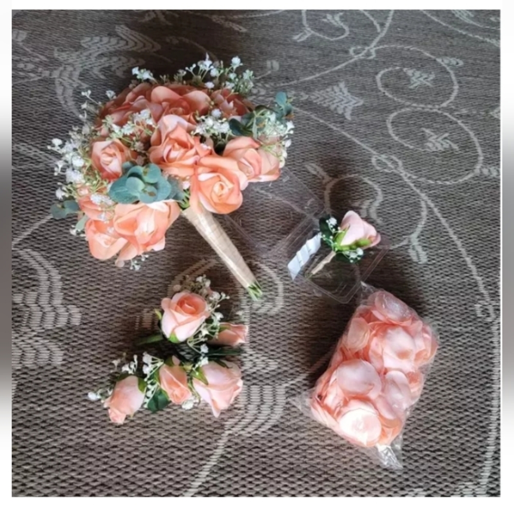 Wedding Party Bridal Bouquet Bundle Set CORAL PEACH ROSE BABYS BREATH EUCALYPTUS
